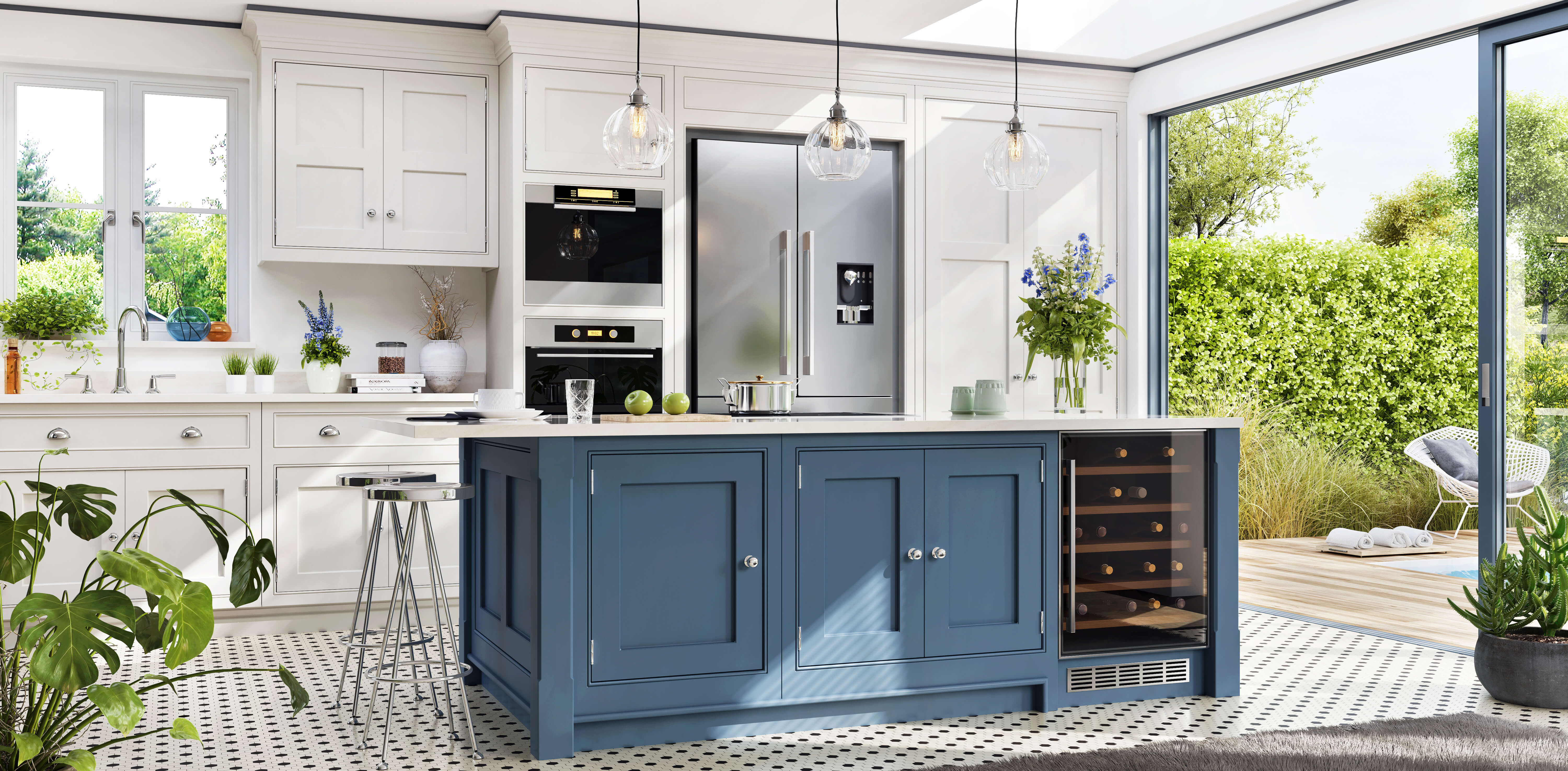 A blue kitchen island in the middle of a white kitchen