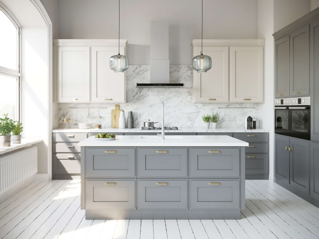 A minimal gray kitchen island in a modern kitchen