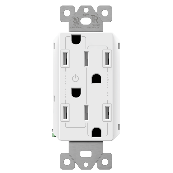 Lider Convertible Decorator Receptacle, Residential Grade, UL Listed, Tamper-Resistant Wall Outlet, Plug Load Control/Always-On Electrical Outlet, Matte Finish, 15A 125V, White