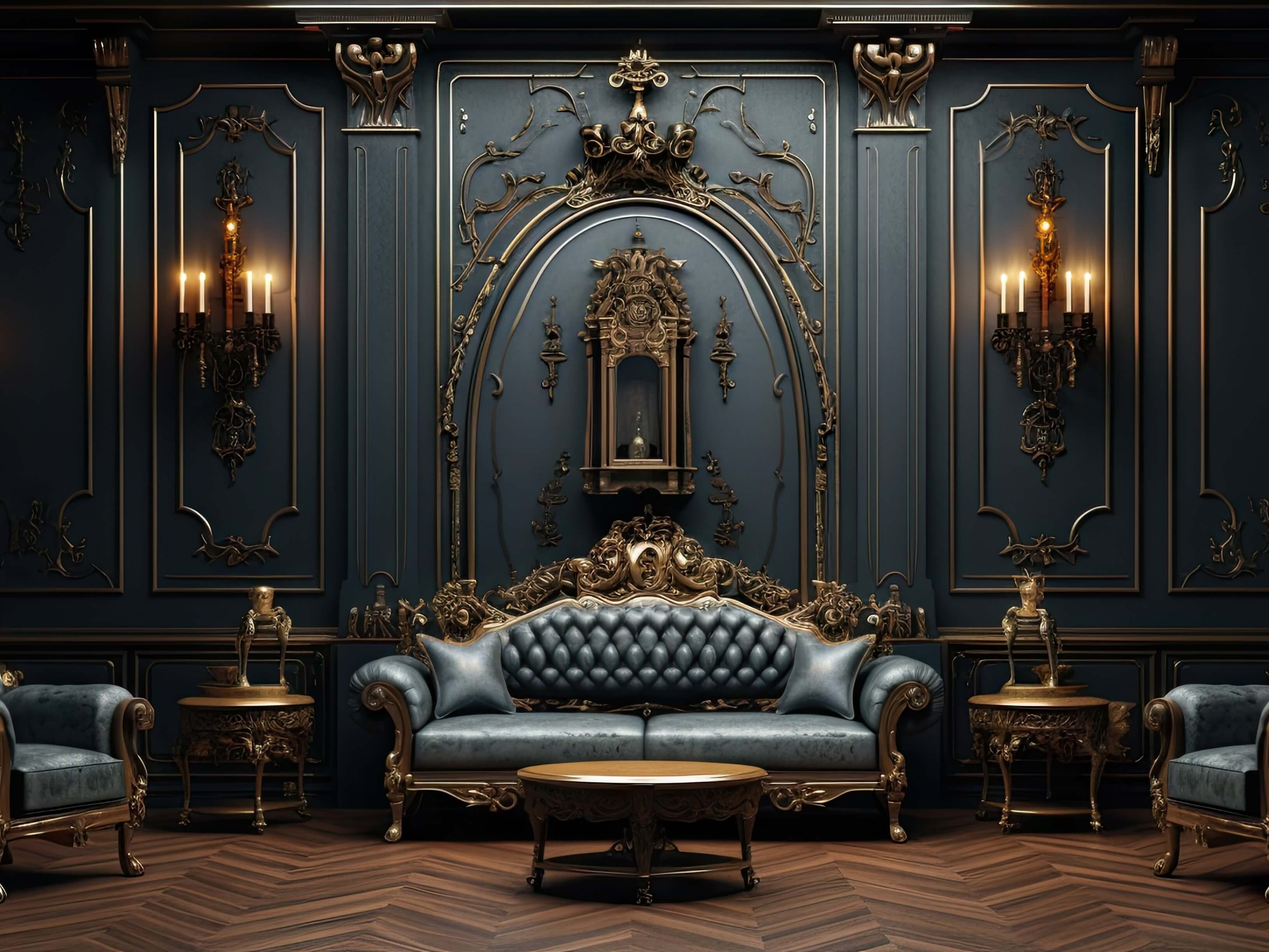 This image features a dark Renaissance themed room with ornate details